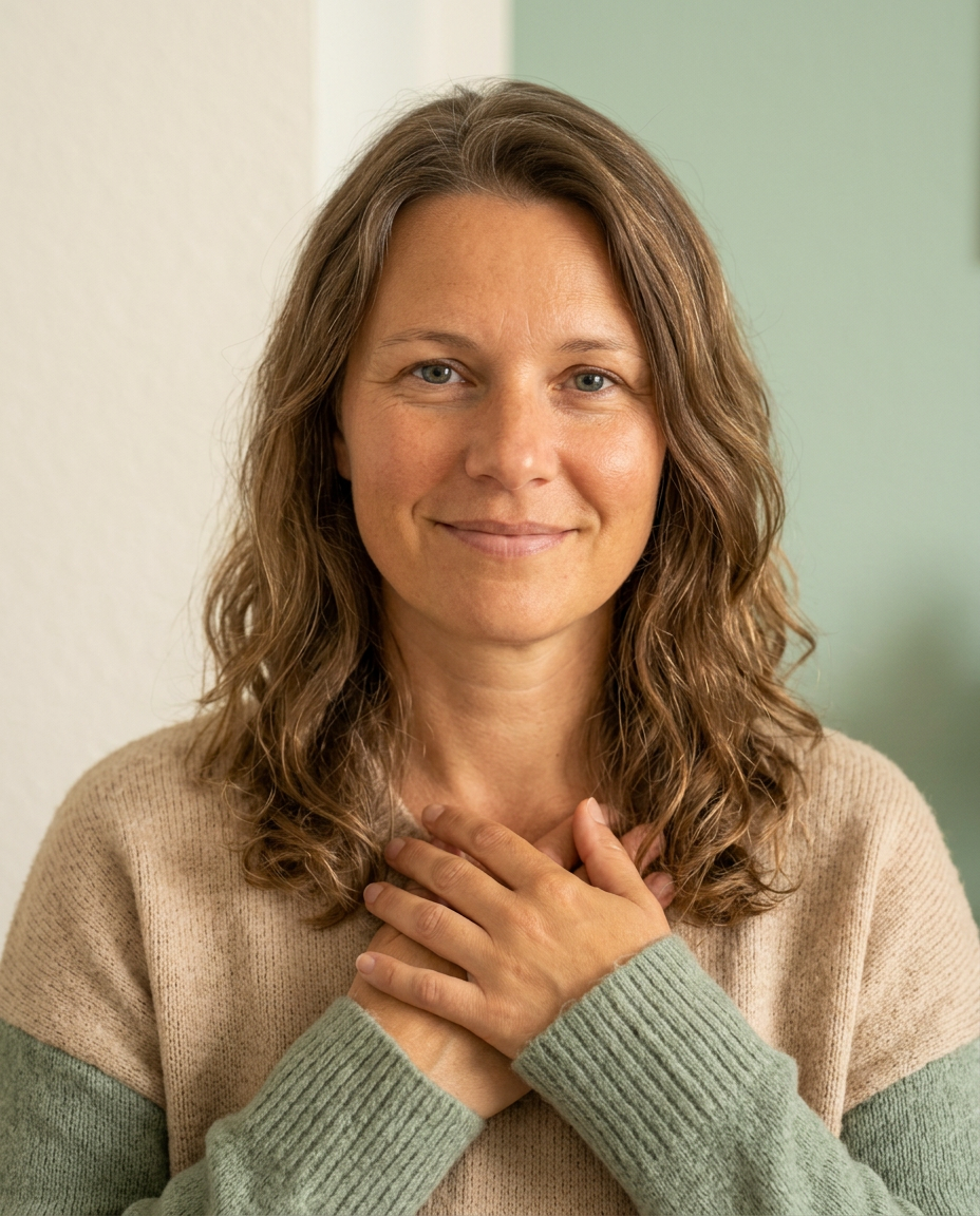 Ruhige Wellness-Aufnahme, Hände bei einer sanften Behandlung, natürliche Töne, beruhigende Stimmung.